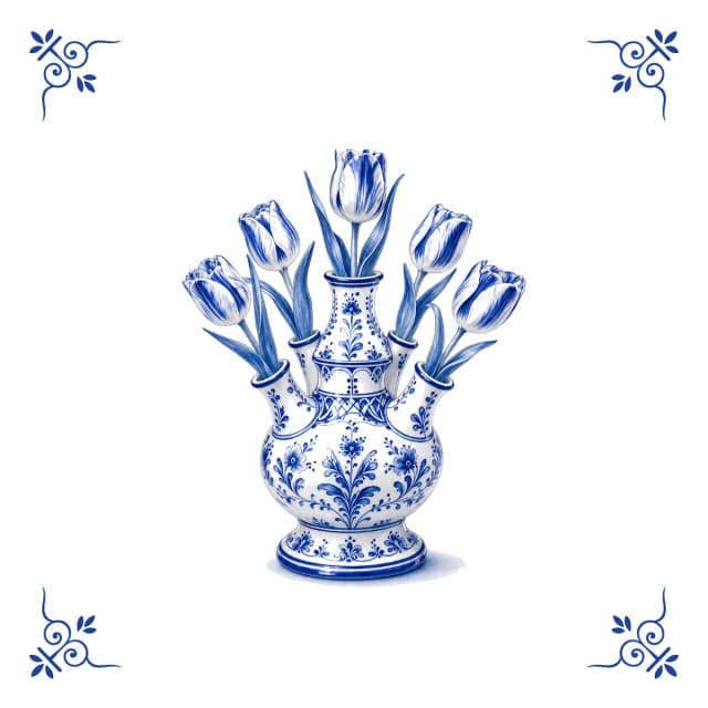 Wazon z tulipanami, niebieski kafelek z Delft